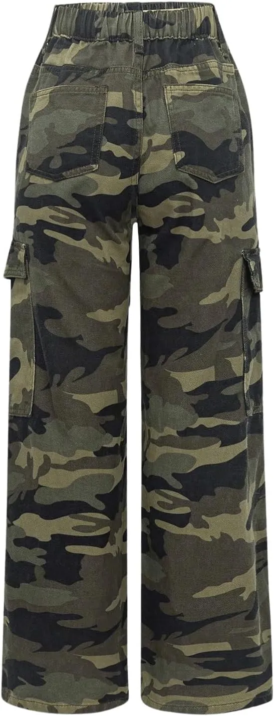 OYOANGLE Girl's Camo Print Cargo Pants Flap Pocket Mid Waist Wide Leg Casual Jeans
