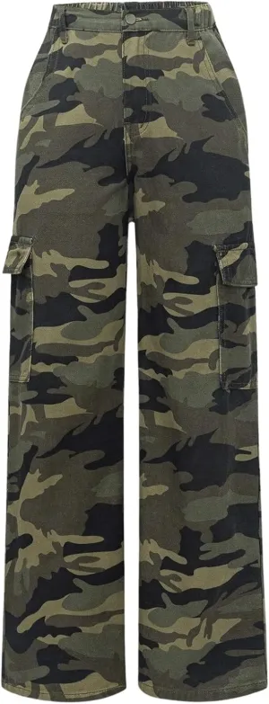 OYOANGLE Girl's Camo Print Cargo Pants Flap Pocket Mid Waist Wide Leg Casual Jeans
