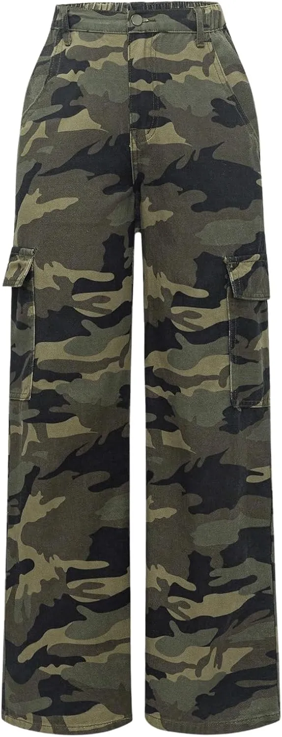 OYOANGLE Girl's Camo Print Cargo Pants Flap Pocket Mid Waist Wide Leg Casual Jeans