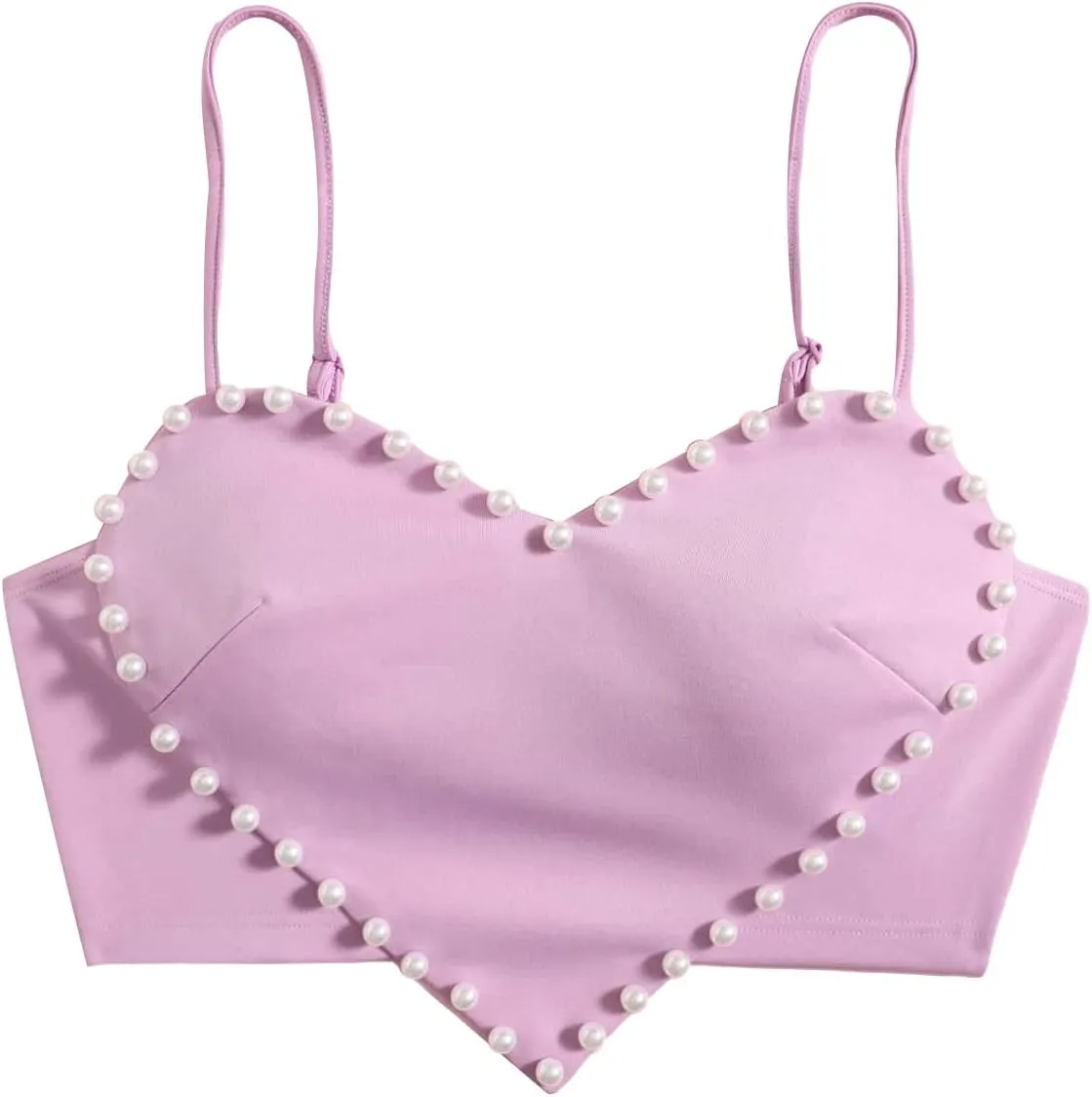 OYOANGLE Women's Pearls Trim Asymmetrical Hem Cami Crop Top Sleeveless Backless Spaghetti Strap Camisole