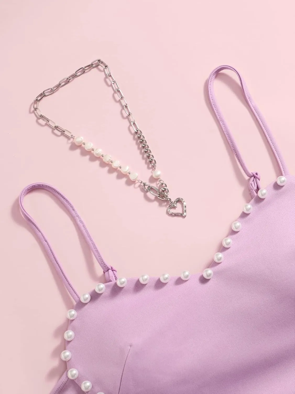 OYOANGLE Women's Pearls Trim Asymmetrical Hem Cami Crop Top Sleeveless Backless Spaghetti Strap Camisole