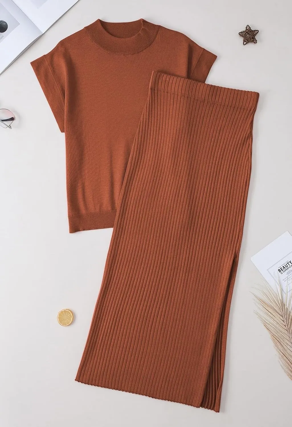 Pink Queen Women's 2 Piece Sweater Outfits Set Summer Cap Sleeve Tops Bodycon Maxi Long Skirt Knit Dresses