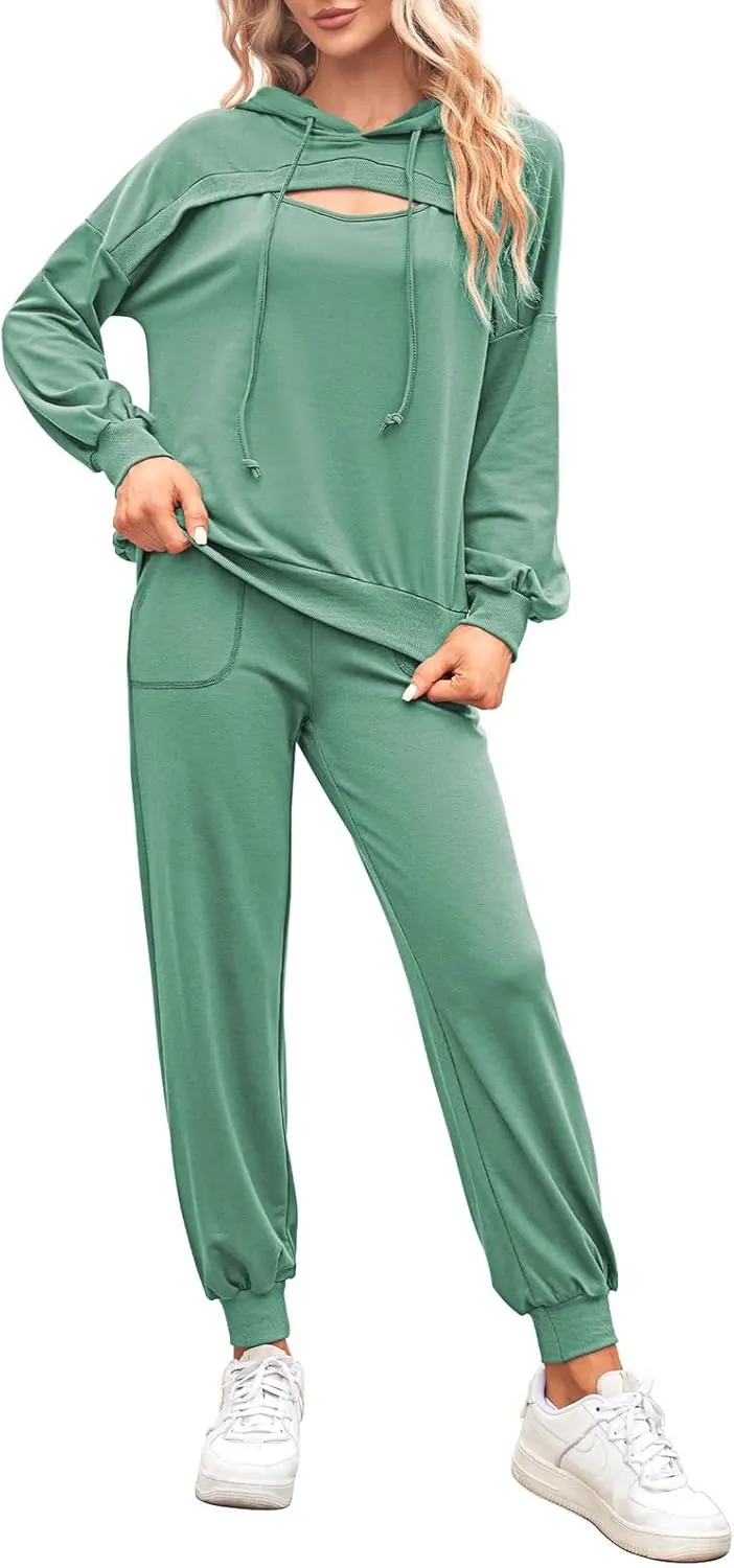 Pink Queen Womens 2 Piece Sweatsuit Outfits Long Sleeve Cutout Hoodies and Drawstring Pants Tracksuit Lounge Set with Pockets