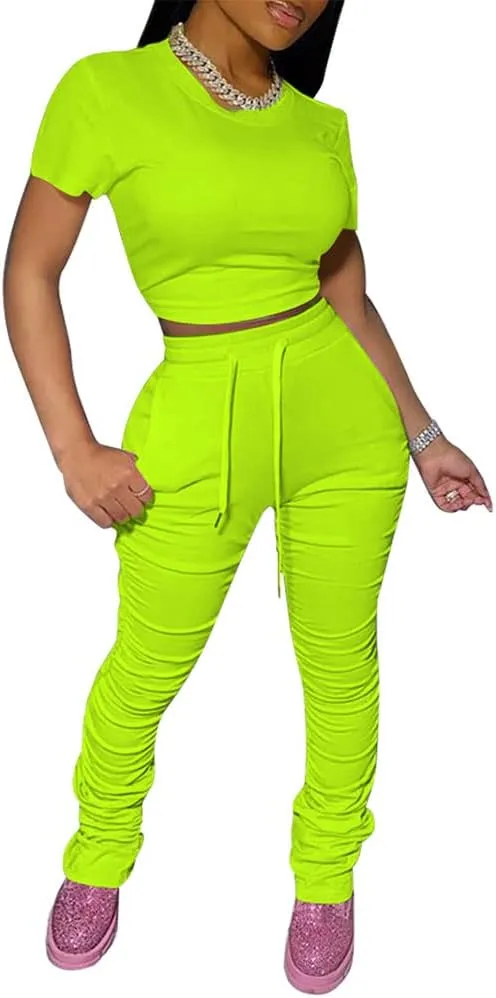 PINSV Women's 2 Piece Outfits Bodycon Lounge Wear Crop Top Stacked Pants Going Out Jogging Tracksuit Sets
