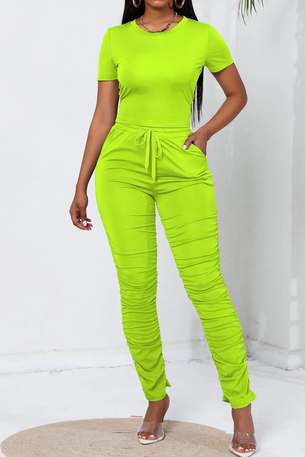 PINSV Women's 2 Piece Outfits Bodycon Lounge Wear Crop Top Stacked Pants Going Out Jogging Tracksuit Sets
