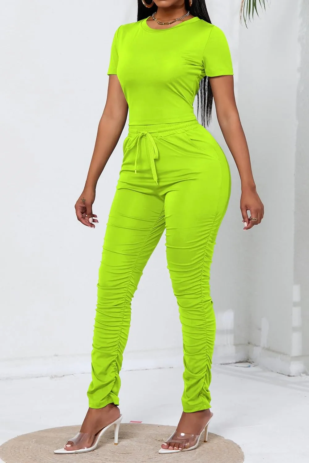 PINSV Women's 2 Piece Outfits Bodycon Lounge Wear Crop Top Stacked Pants Going Out Jogging Tracksuit Sets