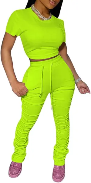 PINSV Women's 2 Piece Outfits Bodycon Lounge Wear Crop Top Stacked Pants Going Out Jogging Tracksuit Sets