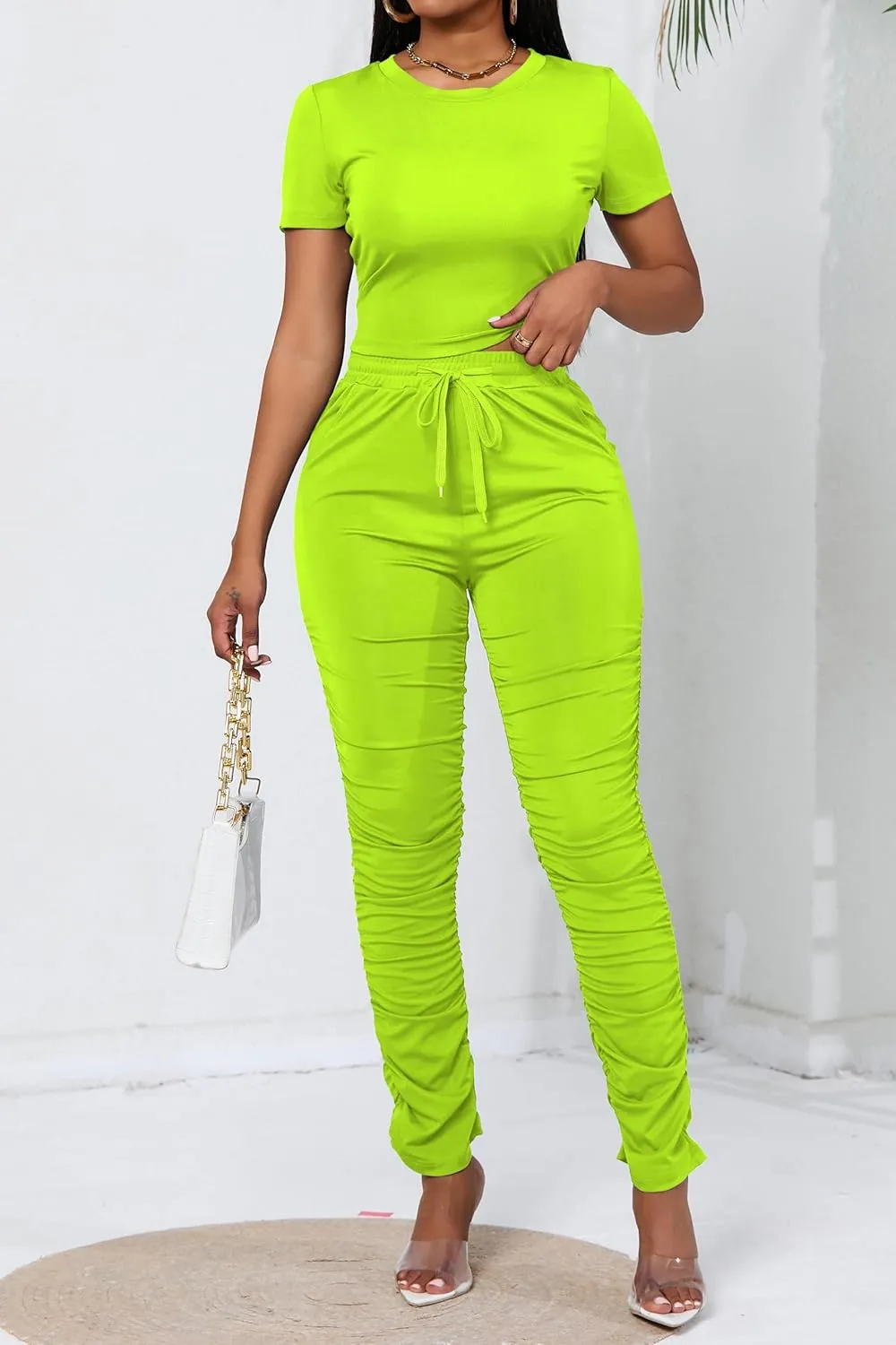 PINSV Women's 2 Piece Outfits Bodycon Lounge Wear Crop Top Stacked Pants Going Out Jogging Tracksuit Sets