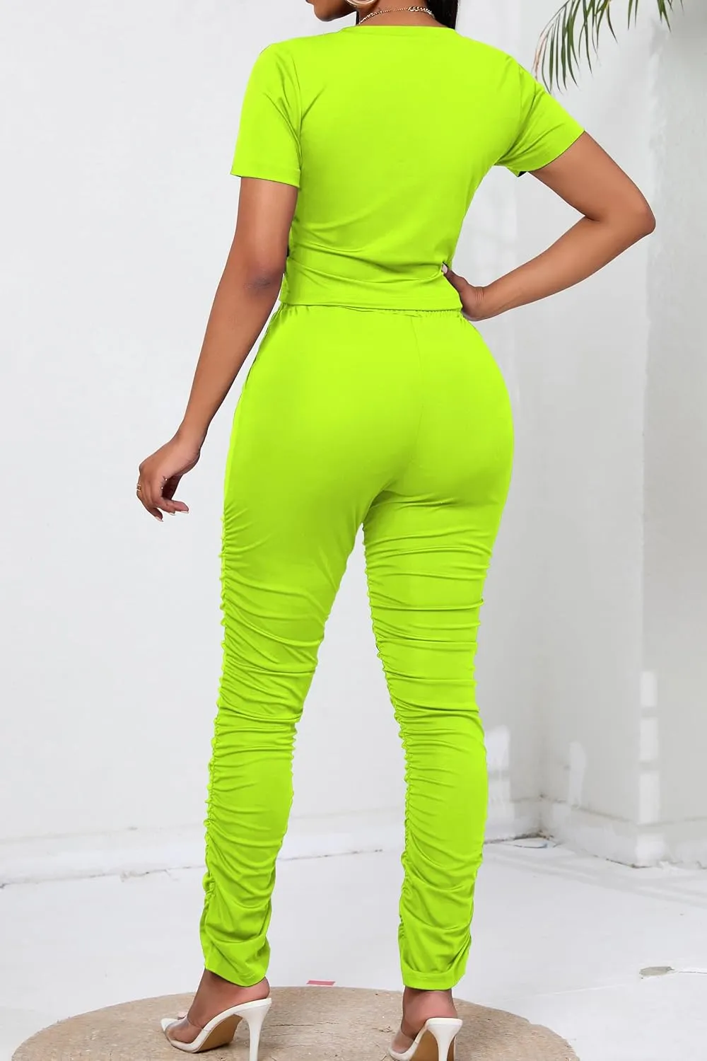 PINSV Women's 2 Piece Outfits Bodycon Lounge Wear Crop Top Stacked Pants Going Out Jogging Tracksuit Sets