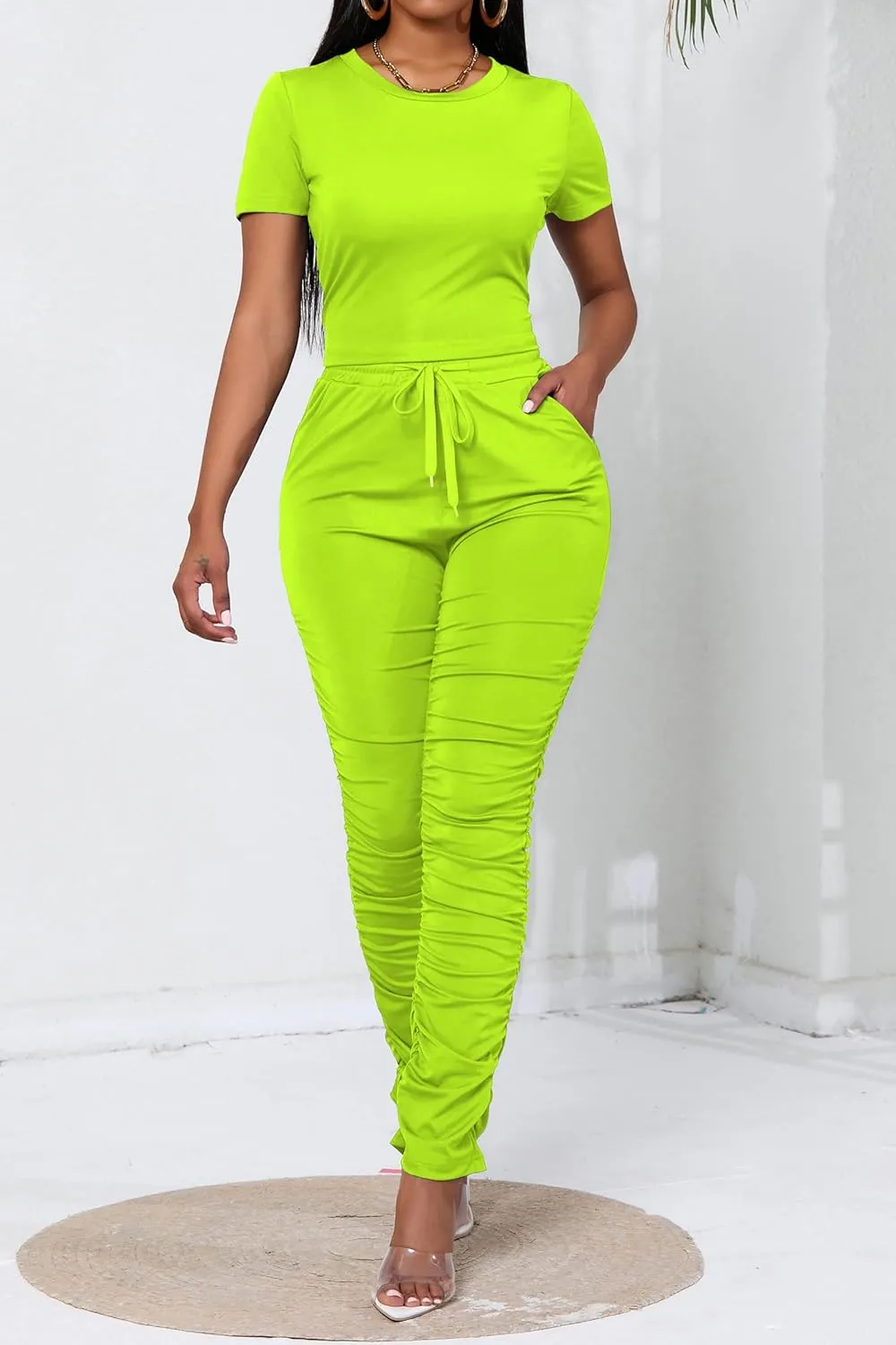 PINSV Women's 2 Piece Outfits Bodycon Lounge Wear Crop Top Stacked Pants Going Out Jogging Tracksuit Sets
