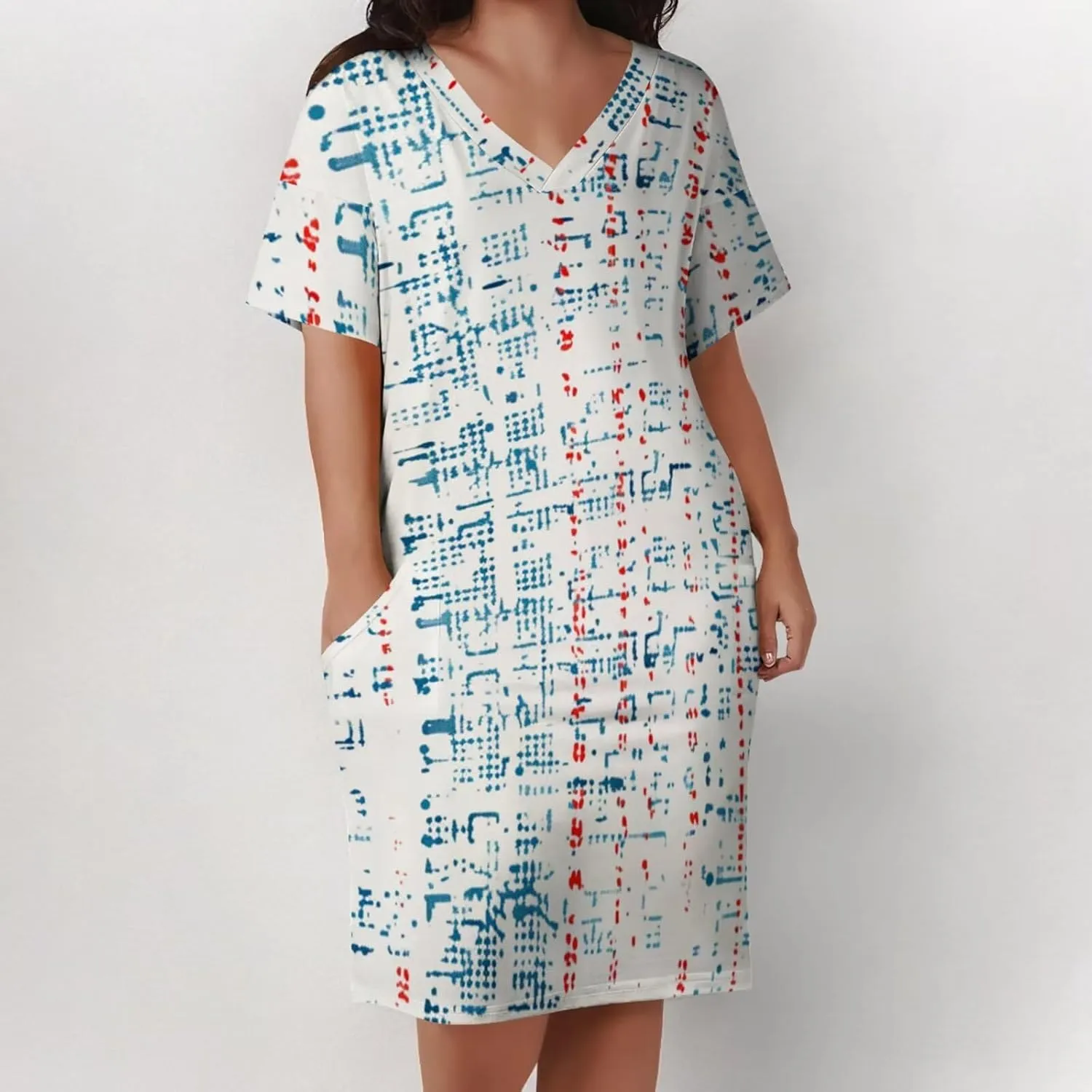 Plus Size Dress for Women Summer Casual Geometric V Neck Short Sleeve with Pockets Tshirt Loose Midi Dresses