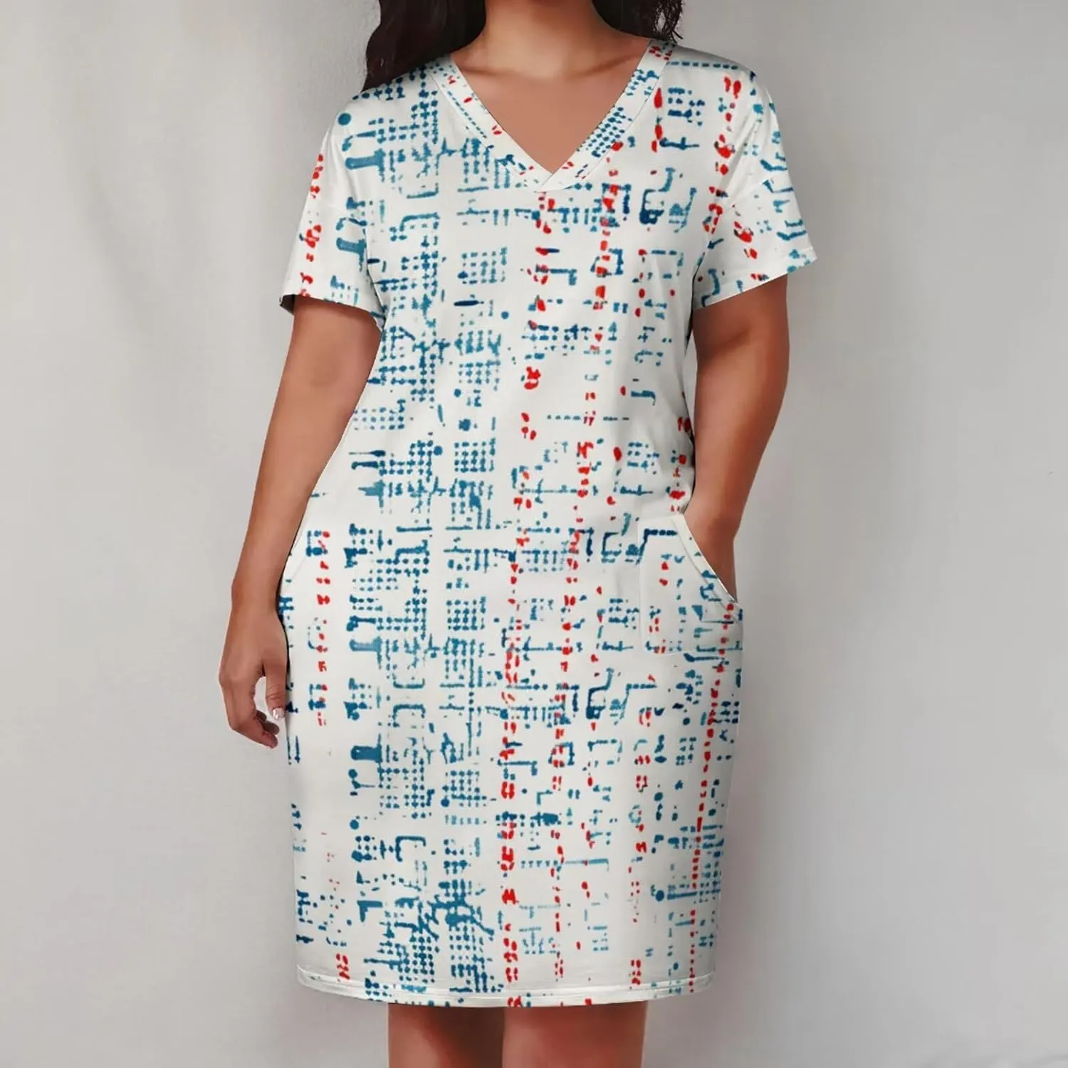 Plus Size Dress for Women Summer Casual Geometric V Neck Short Sleeve with Pockets Tshirt Loose Midi Dresses