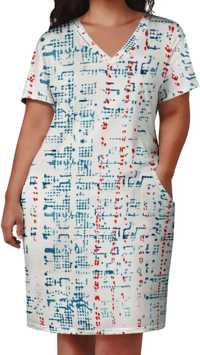 Plus Size Dress for Women Summer Casual Geometric V Neck Short Sleeve with Pockets Tshirt Loose Midi Dresses
