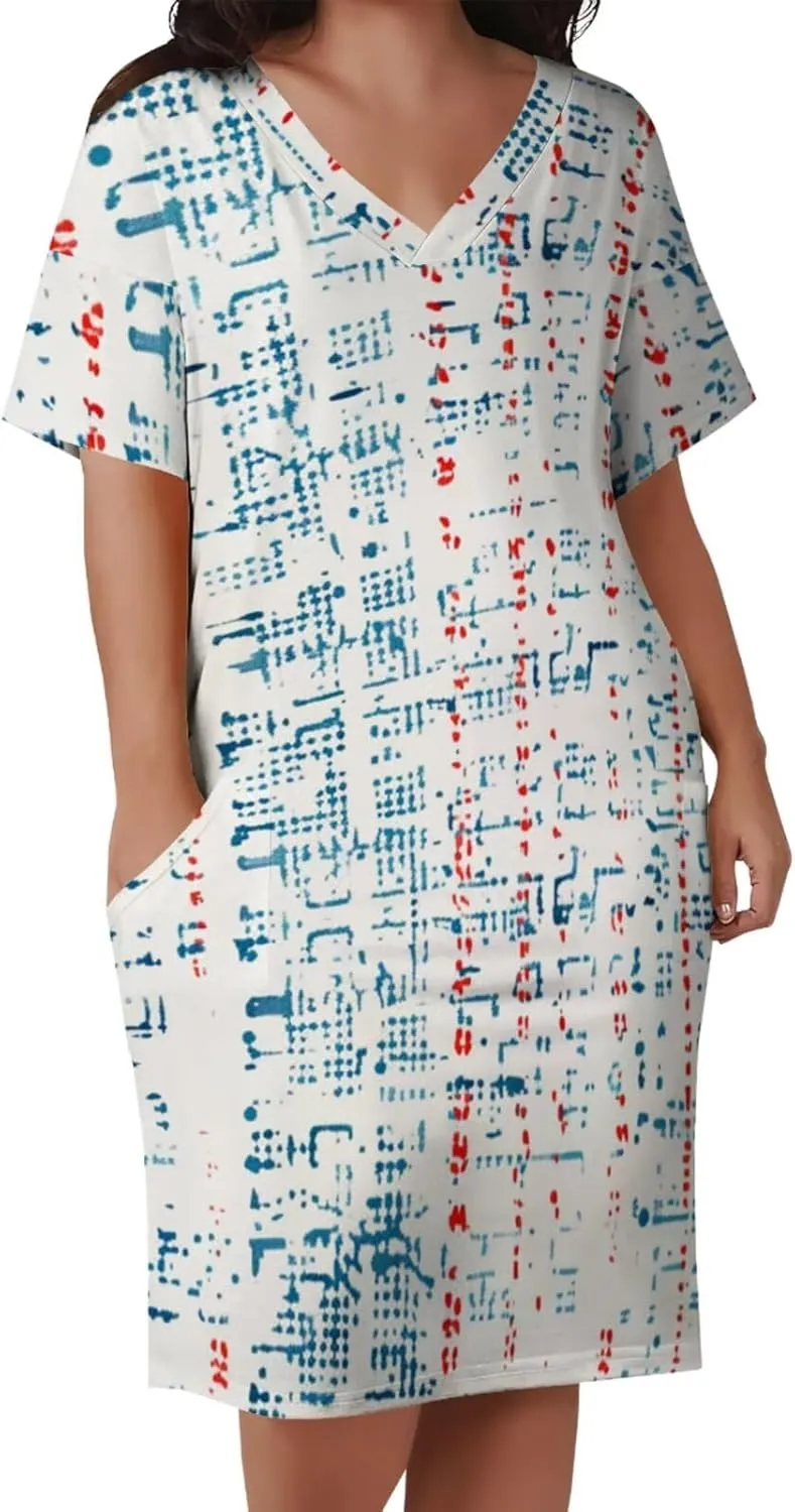Plus Size Dress for Women Summer Casual Geometric V Neck Short Sleeve with Pockets Tshirt Loose Midi Dresses