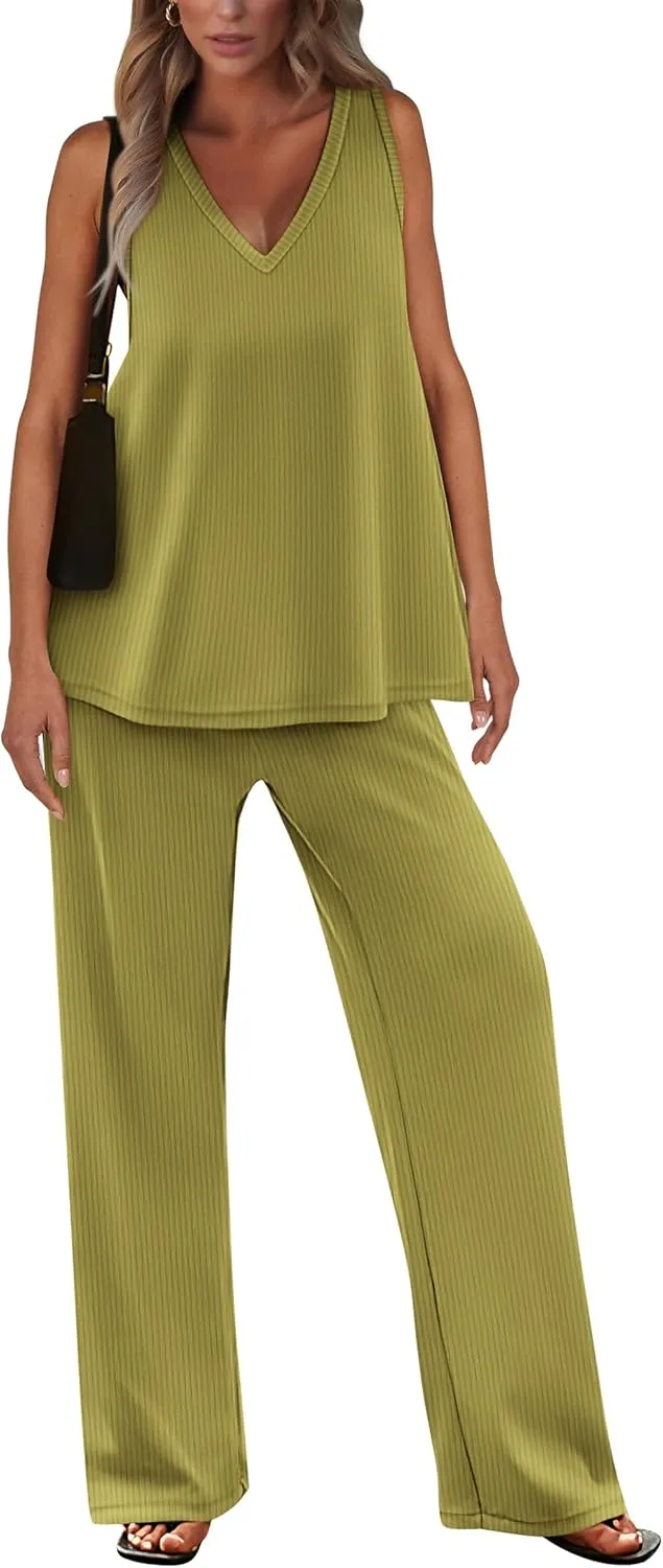 PRETTYGARDEN Women's 2 Piece Summer Tracksuits Sleeveless V Neck Tank Top Wide Leg Pants Casual Knit Outfit Sets