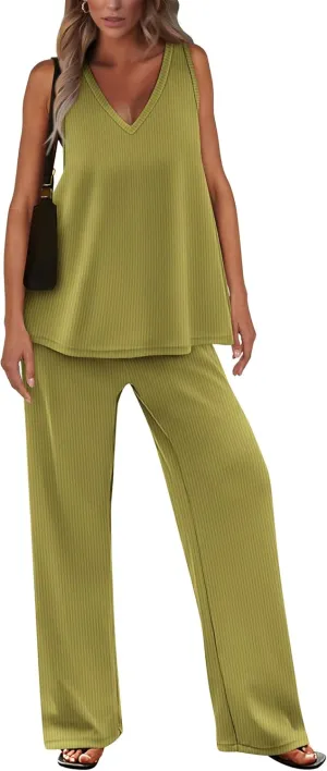 PRETTYGARDEN Women's 2 Piece Summer Tracksuits Sleeveless V Neck Tank Top Wide Leg Pants Casual Knit Outfit Sets