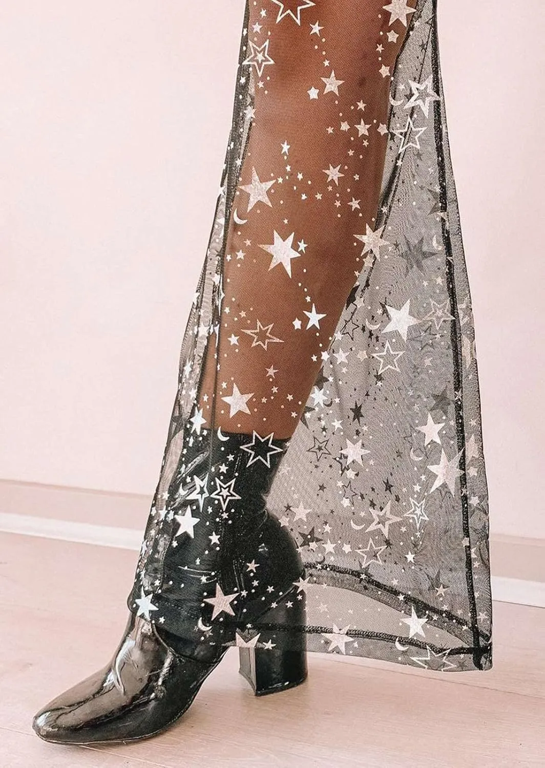 Rave Outfit for Women Outfit Festival Dance Clubwear Bell Bottom Mesh Sheer Pants
