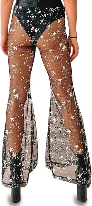 Rave Outfit for Women Outfit Festival Dance Clubwear Bell Bottom Mesh Sheer Pants