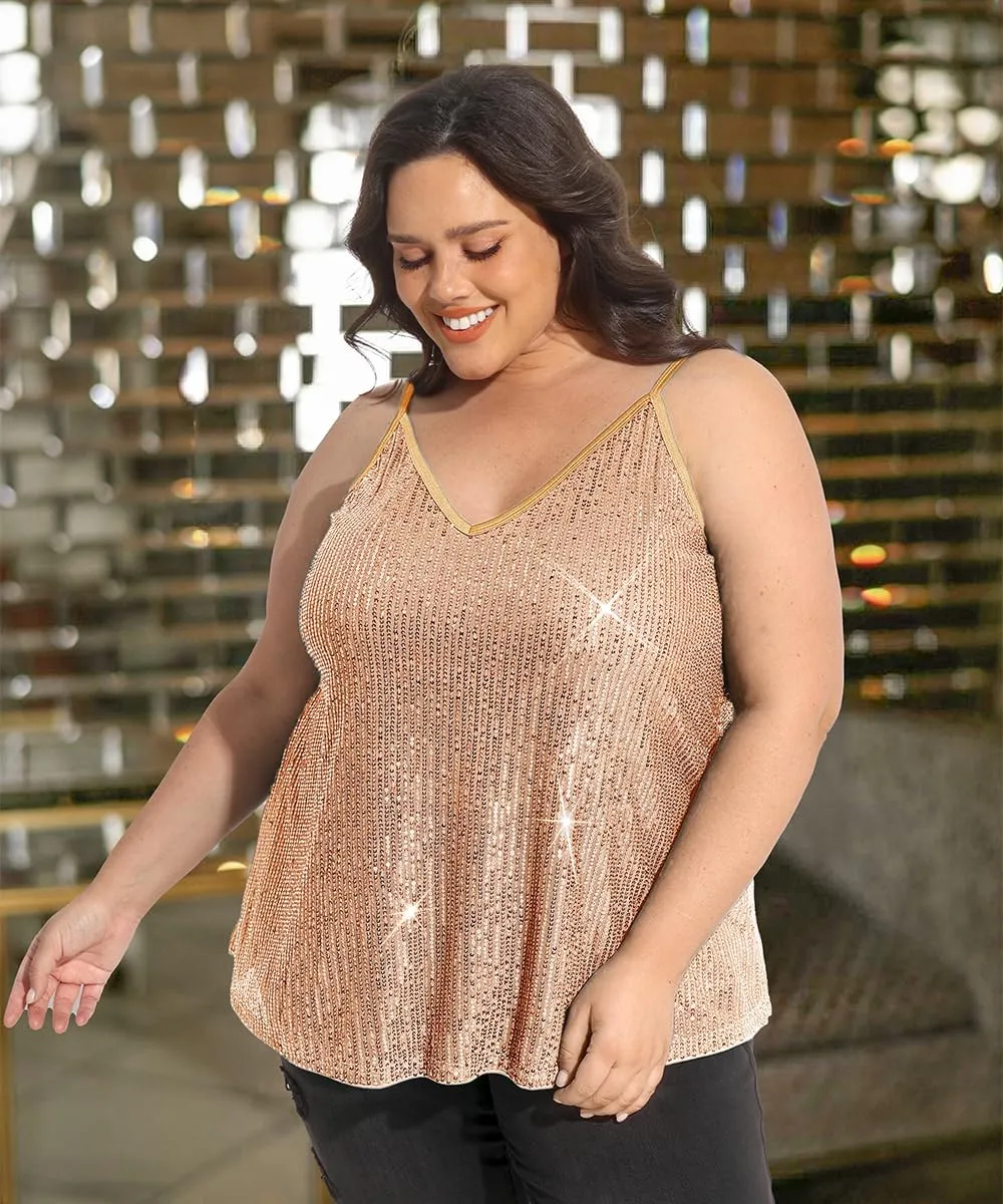 RITERA Plus Size Sequin Tank for Women V Neck Shimmer Sleeveless Tops Glitter Party Spaghetti Sparkle Camisole XL-5XL