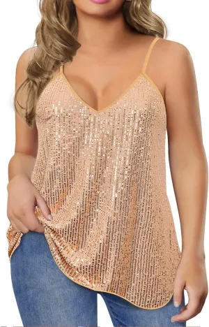 RITERA Plus Size Sequin Tank for Women V Neck Shimmer Sleeveless Tops Glitter Party Spaghetti Sparkle Camisole XL-5XL