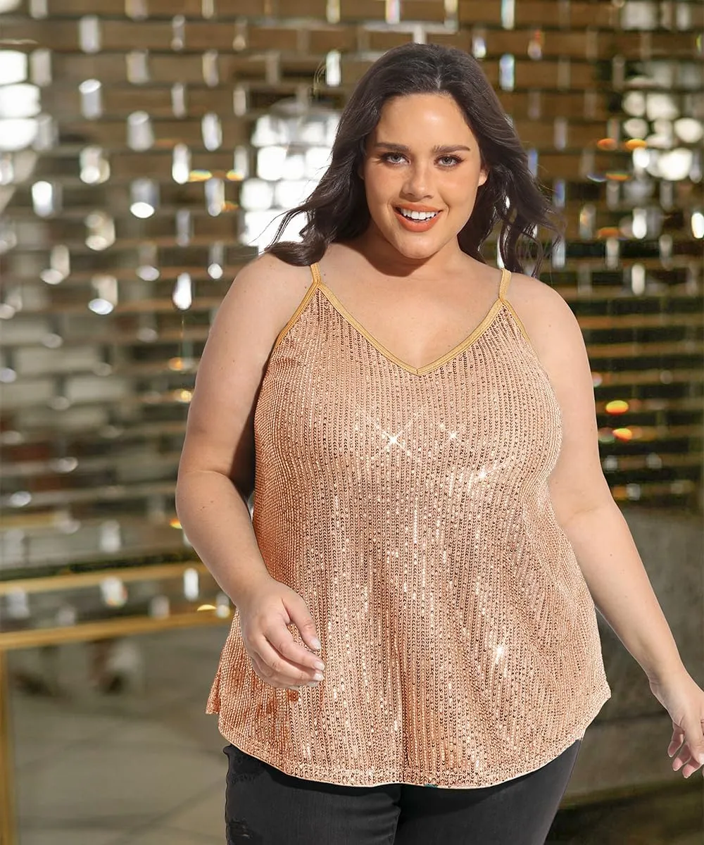 RITERA Plus Size Sequin Tank for Women V Neck Shimmer Sleeveless Tops Glitter Party Spaghetti Sparkle Camisole XL-5XL