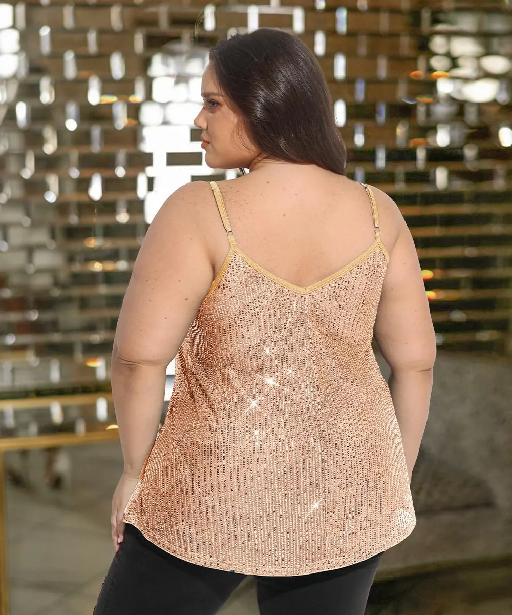 RITERA Plus Size Sequin Tank for Women V Neck Shimmer Sleeveless Tops Glitter Party Spaghetti Sparkle Camisole XL-5XL