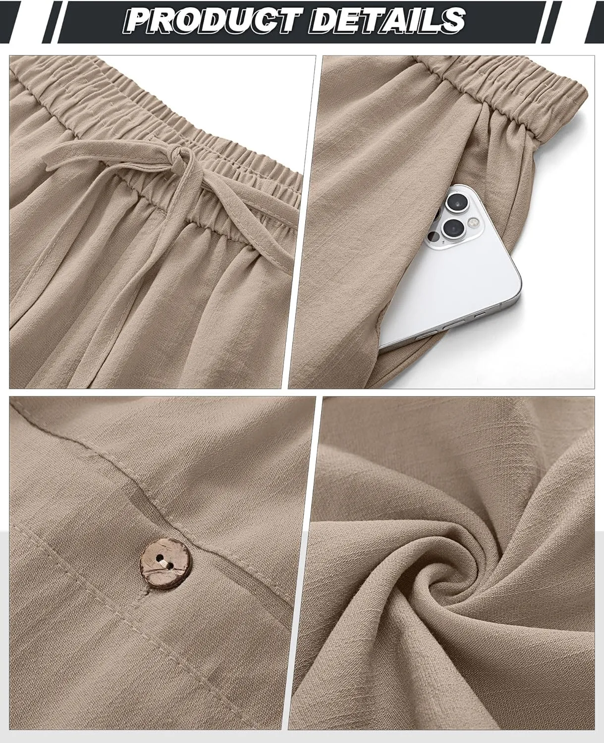 Riyiper 2 Pack Men's Linen Pants, Casual Pants with Pockets Lightweight Pants Elastic Waist Yoga Lounge Trousers