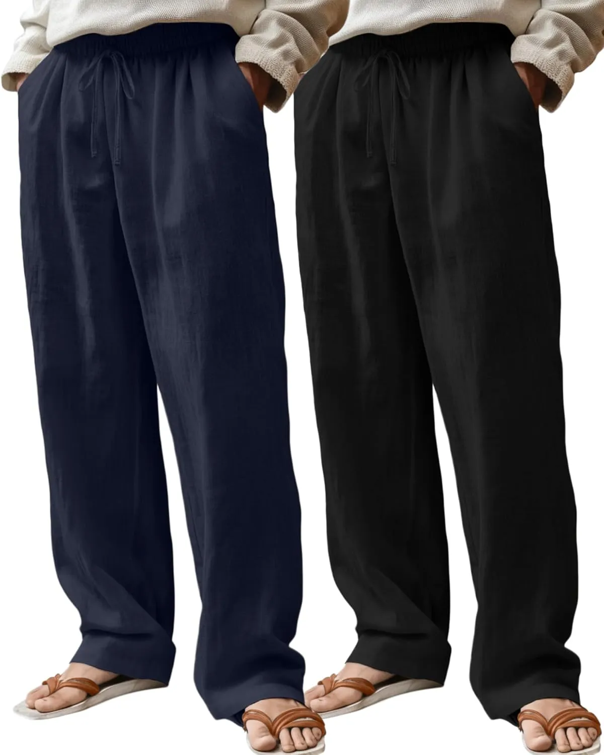 Riyiper 2 Pack Men's Linen Pants, Casual Pants with Pockets Lightweight Pants Elastic Waist Yoga Lounge Trousers
