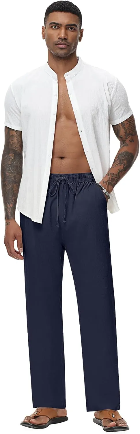 Riyiper 2 Pack Men's Linen Pants, Casual Pants with Pockets Lightweight Pants Elastic Waist Yoga Lounge Trousers