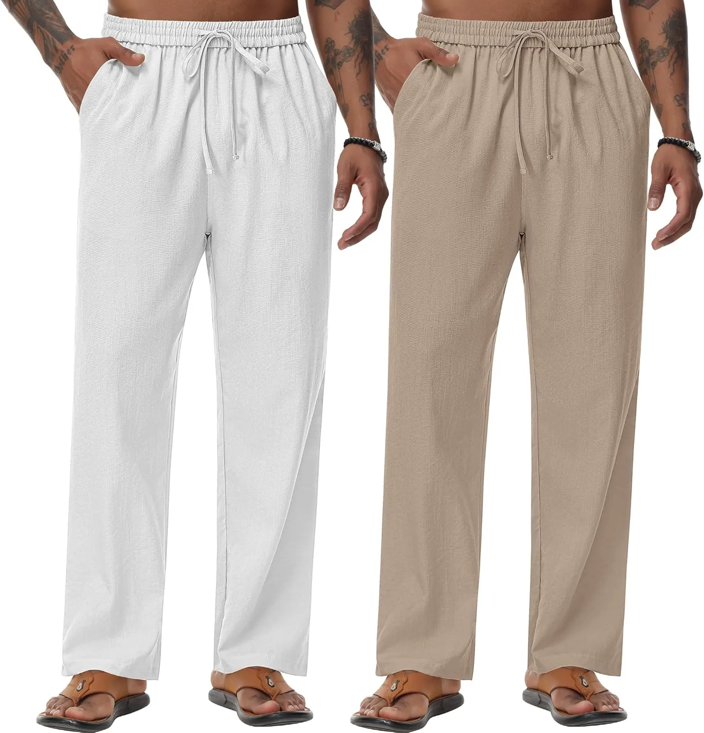 Riyiper 2 Pack Men's Linen Pants, Casual Pants with Pockets Lightweight Pants Elastic Waist Yoga Lounge Trousers