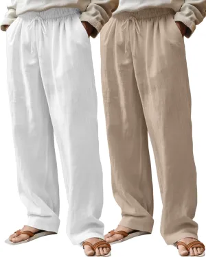 Riyiper 2 Pack Men's Linen Pants, Casual Pants with Pockets Lightweight Pants Elastic Waist Yoga Lounge Trousers