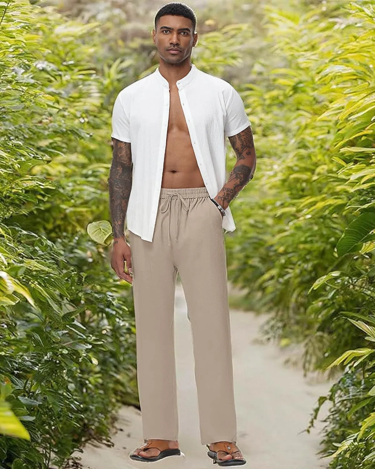 Riyiper 2 Pack Men's Linen Pants, Casual Pants with Pockets Lightweight Pants Elastic Waist Yoga Lounge Trousers
