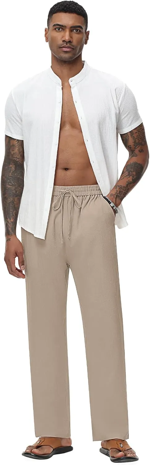 Riyiper 2 Pack Men's Linen Pants, Casual Pants with Pockets Lightweight Pants Elastic Waist Yoga Lounge Trousers