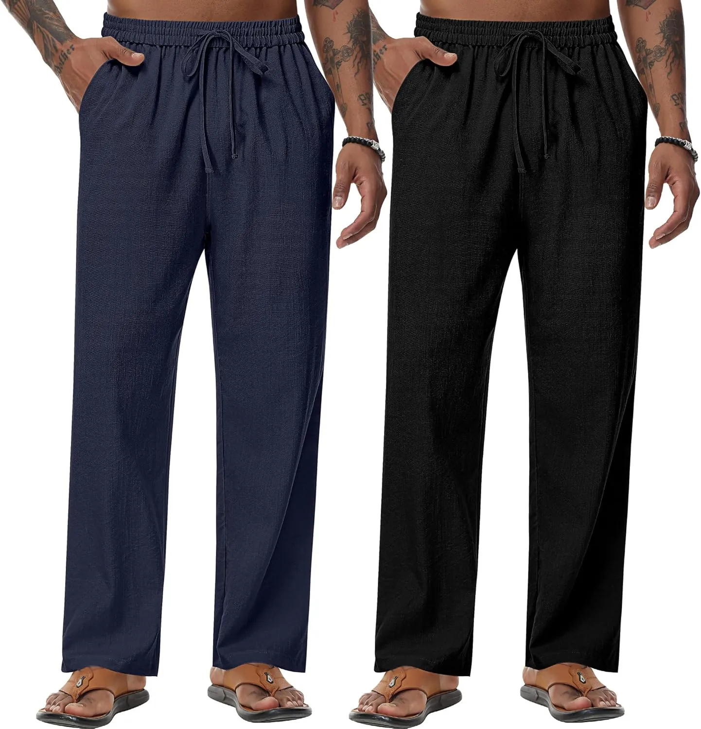 Riyiper 2 Pack Men's Linen Pants, Casual Pants with Pockets Lightweight Pants Elastic Waist Yoga Lounge Trousers