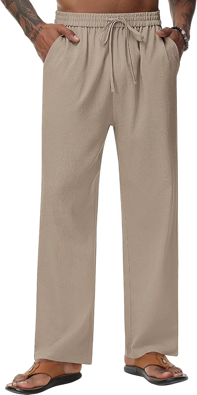 Riyiper 2 Pack Men's Linen Pants, Casual Pants with Pockets Lightweight Pants Elastic Waist Yoga Lounge Trousers