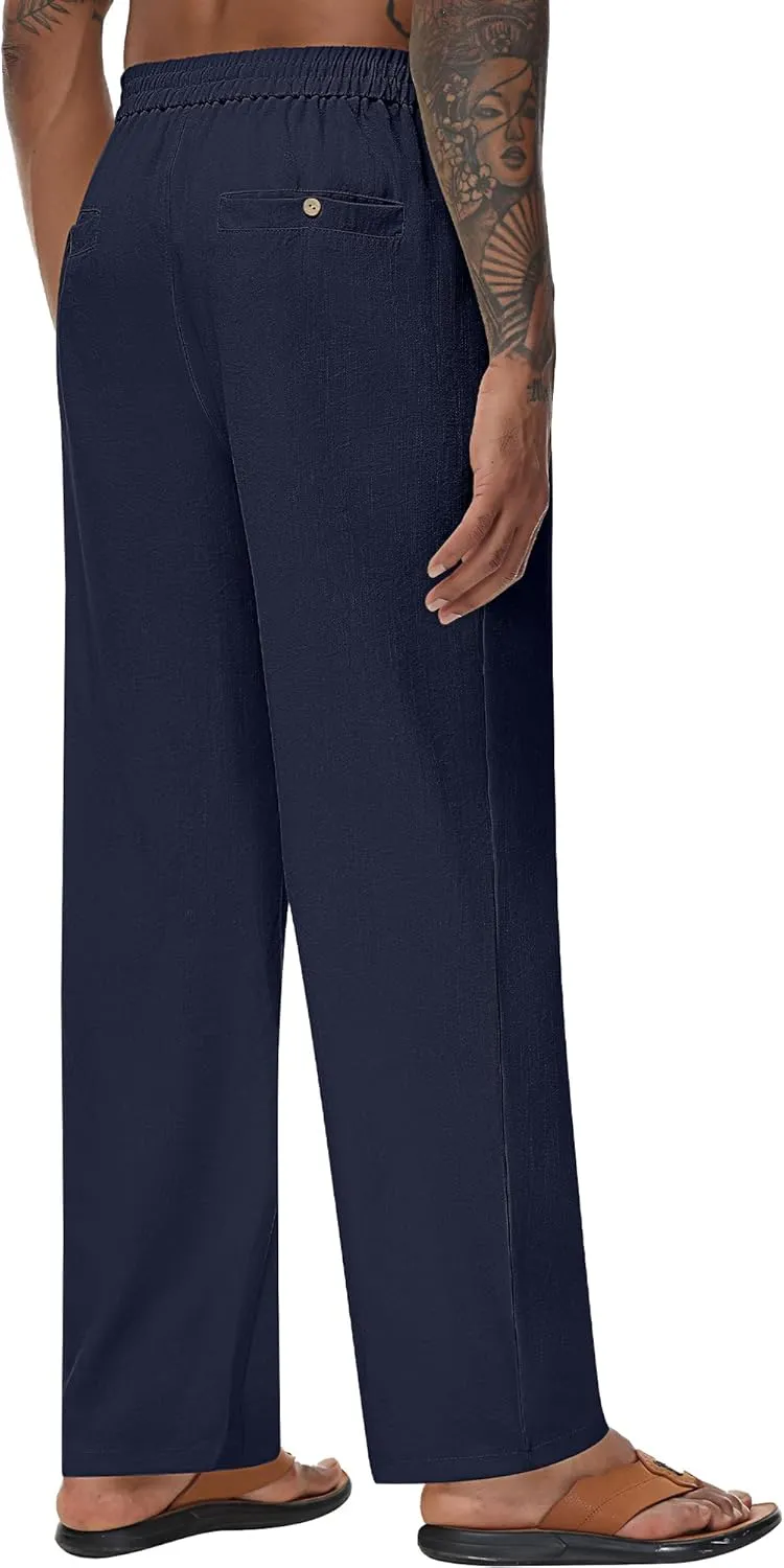 Riyiper 2 Pack Men's Linen Pants, Casual Pants with Pockets Lightweight Pants Elastic Waist Yoga Lounge Trousers