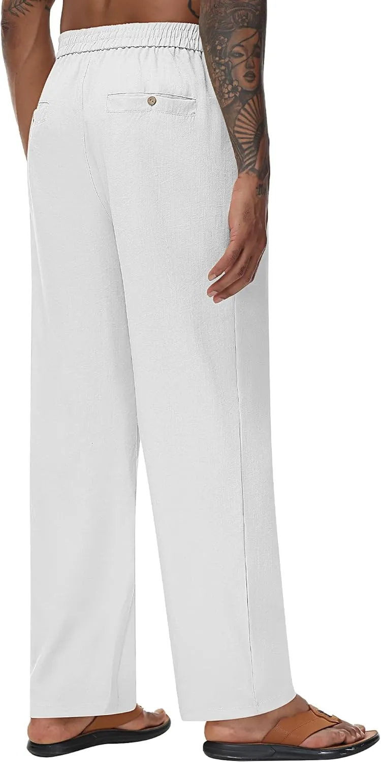 Riyiper 2 Pack Men's Linen Pants, Casual Pants with Pockets Lightweight Pants Elastic Waist Yoga Lounge Trousers