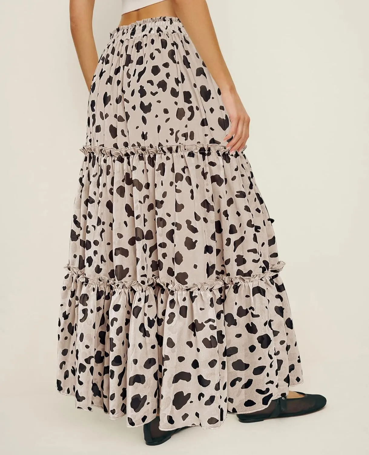 SEBOWEL Womens Leopard Print Long Skirt Cheetah Chiffon Tiered Ruffle Maxi Skirt Pleated A-Line Swing Beach Long Skirts