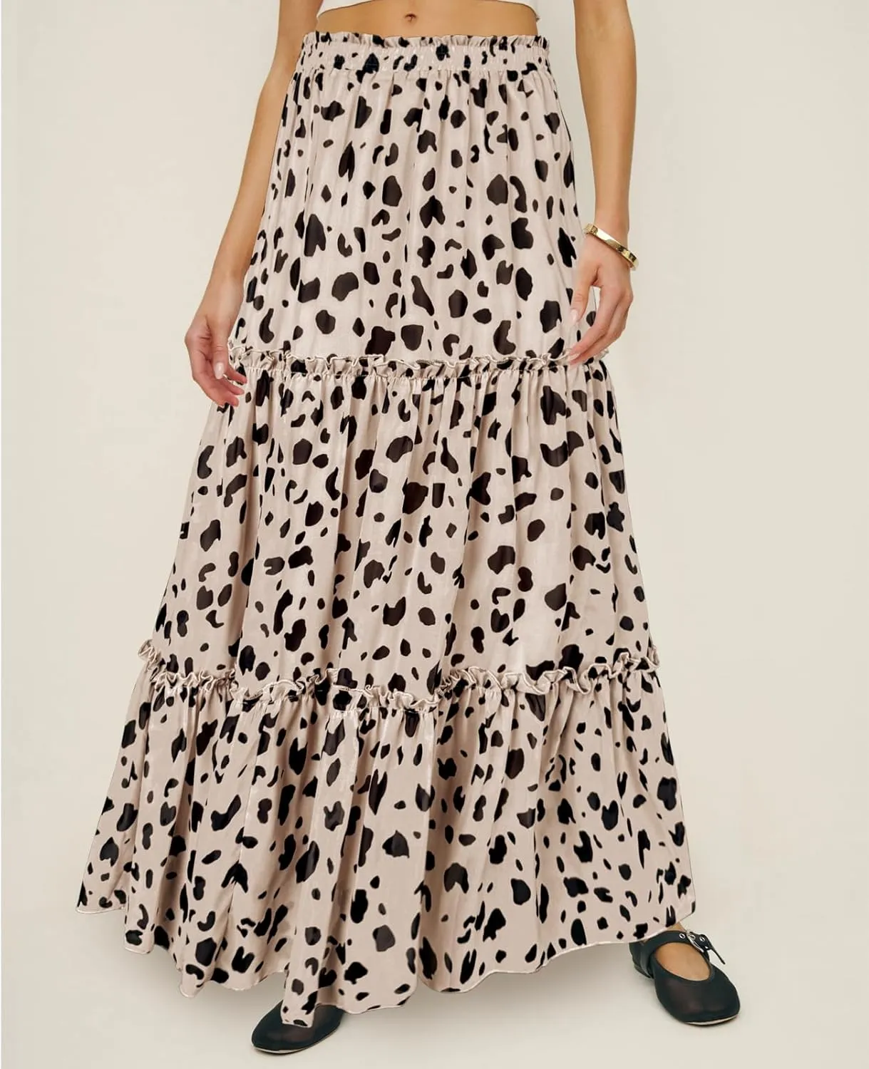 SEBOWEL Womens Leopard Print Long Skirt Cheetah Chiffon Tiered Ruffle Maxi Skirt Pleated A-Line Swing Beach Long Skirts