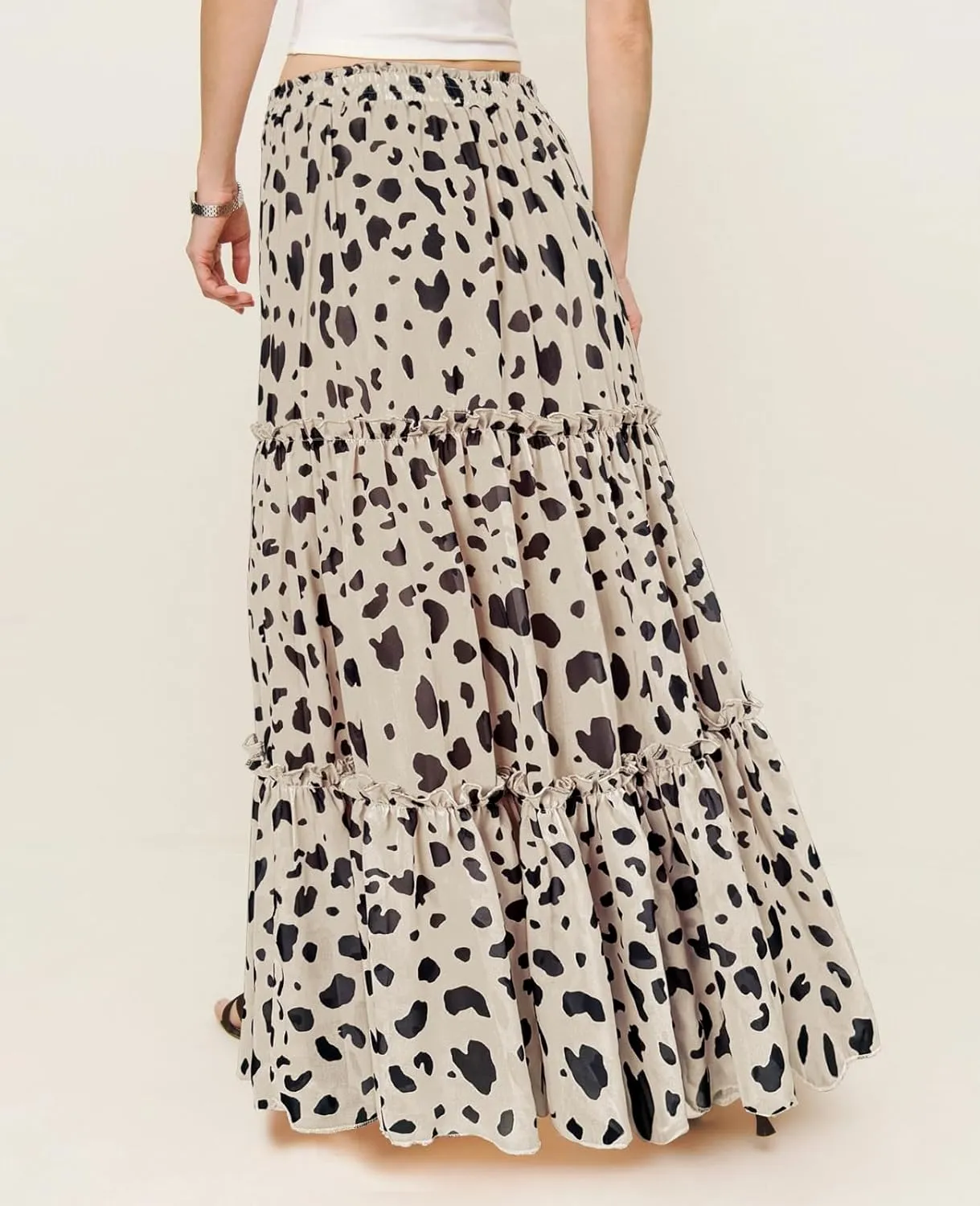 SEBOWEL Womens Leopard Print Long Skirt Cheetah Chiffon Tiered Ruffle Maxi Skirt Pleated A-Line Swing Beach Long Skirts