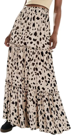 SEBOWEL Womens Leopard Print Long Skirt Cheetah Chiffon Tiered Ruffle Maxi Skirt Pleated A-Line Swing Beach Long Skirts