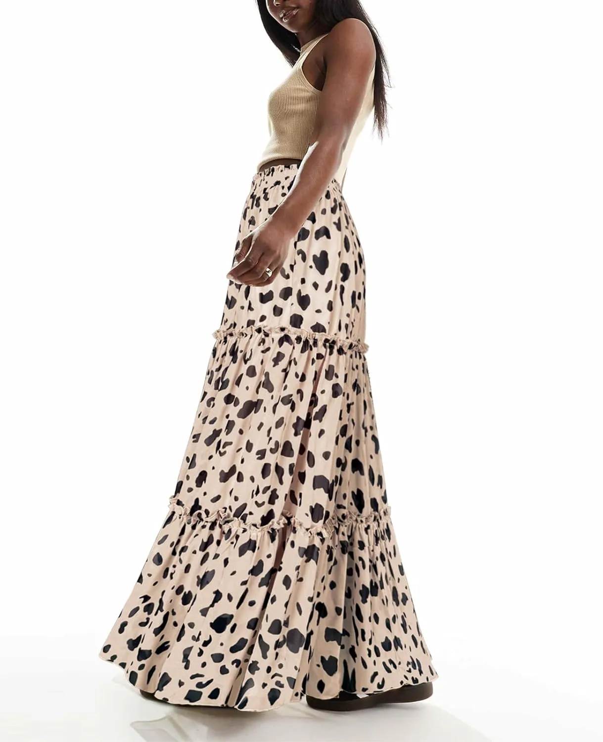 SEBOWEL Womens Leopard Print Long Skirt Cheetah Chiffon Tiered Ruffle Maxi Skirt Pleated A-Line Swing Beach Long Skirts