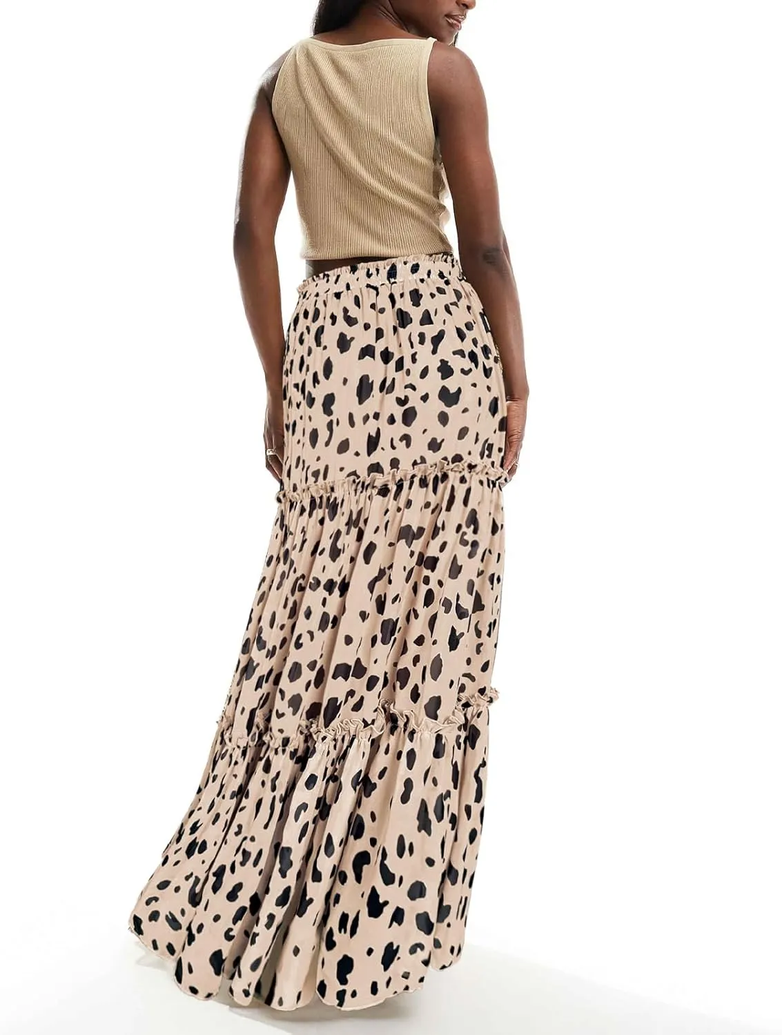 SEBOWEL Womens Leopard Print Long Skirt Cheetah Chiffon Tiered Ruffle Maxi Skirt Pleated A-Line Swing Beach Long Skirts