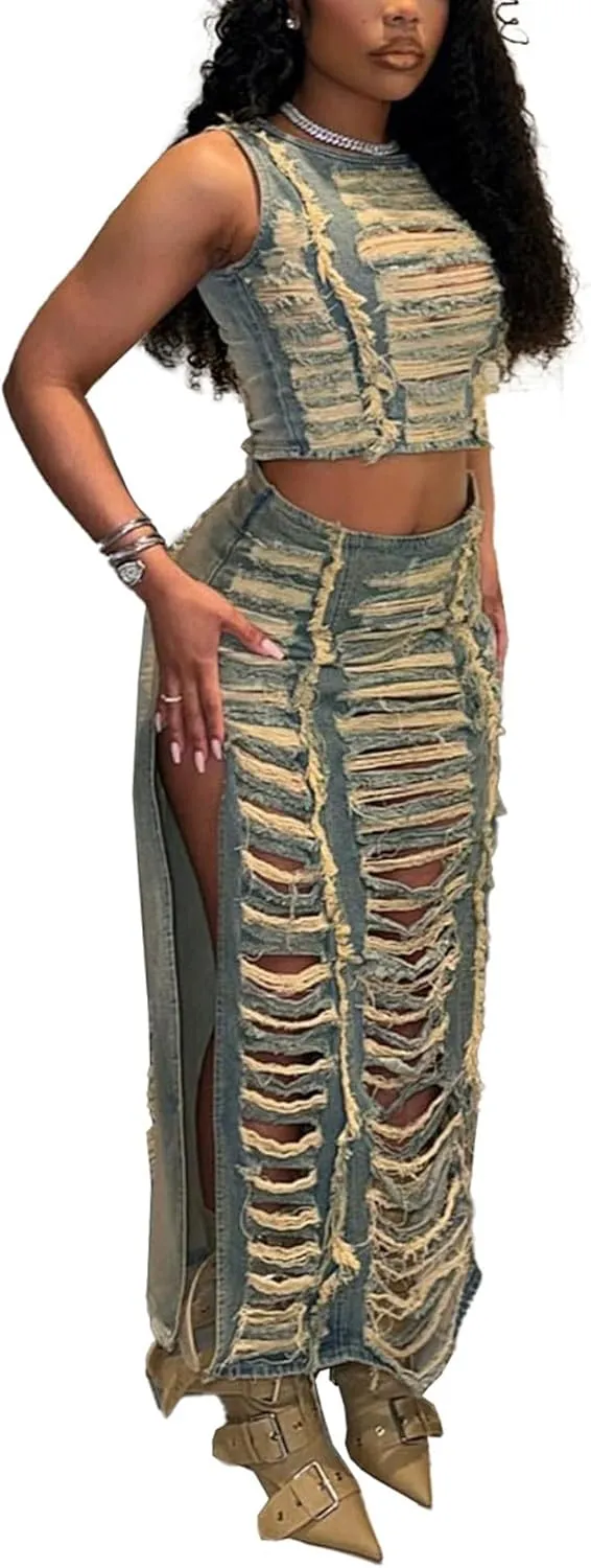 SEMATOMALA Women's Jeans Skirt Two Piece Outfits Ripped Distressed Hollow Out Crop Tank Tops and Split Maxi Skirts Set
