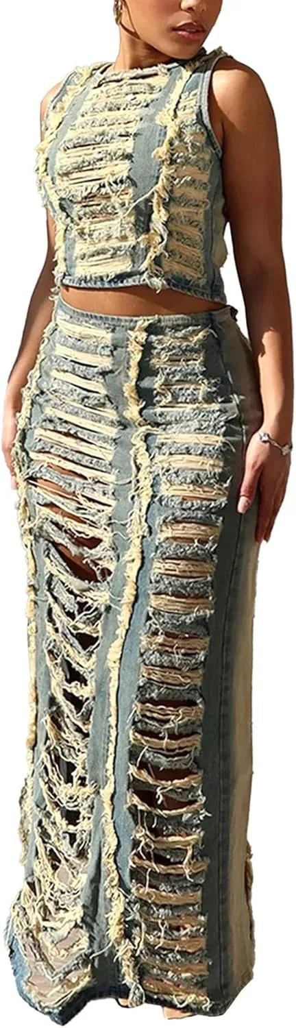 SEMATOMALA Women's Jeans Skirt Two Piece Outfits Ripped Distressed Hollow Out Crop Tank Tops and Split Maxi Skirts Set