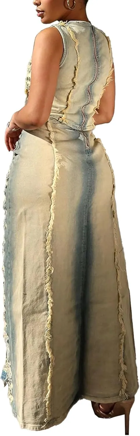 SEMATOMALA Women's Jeans Skirt Two Piece Outfits Ripped Distressed Hollow Out Crop Tank Tops and Split Maxi Skirts Set