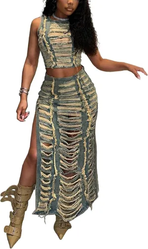 SEMATOMALA Women's Jeans Skirt Two Piece Outfits Ripped Distressed Hollow Out Crop Tank Tops and Split Maxi Skirts Set