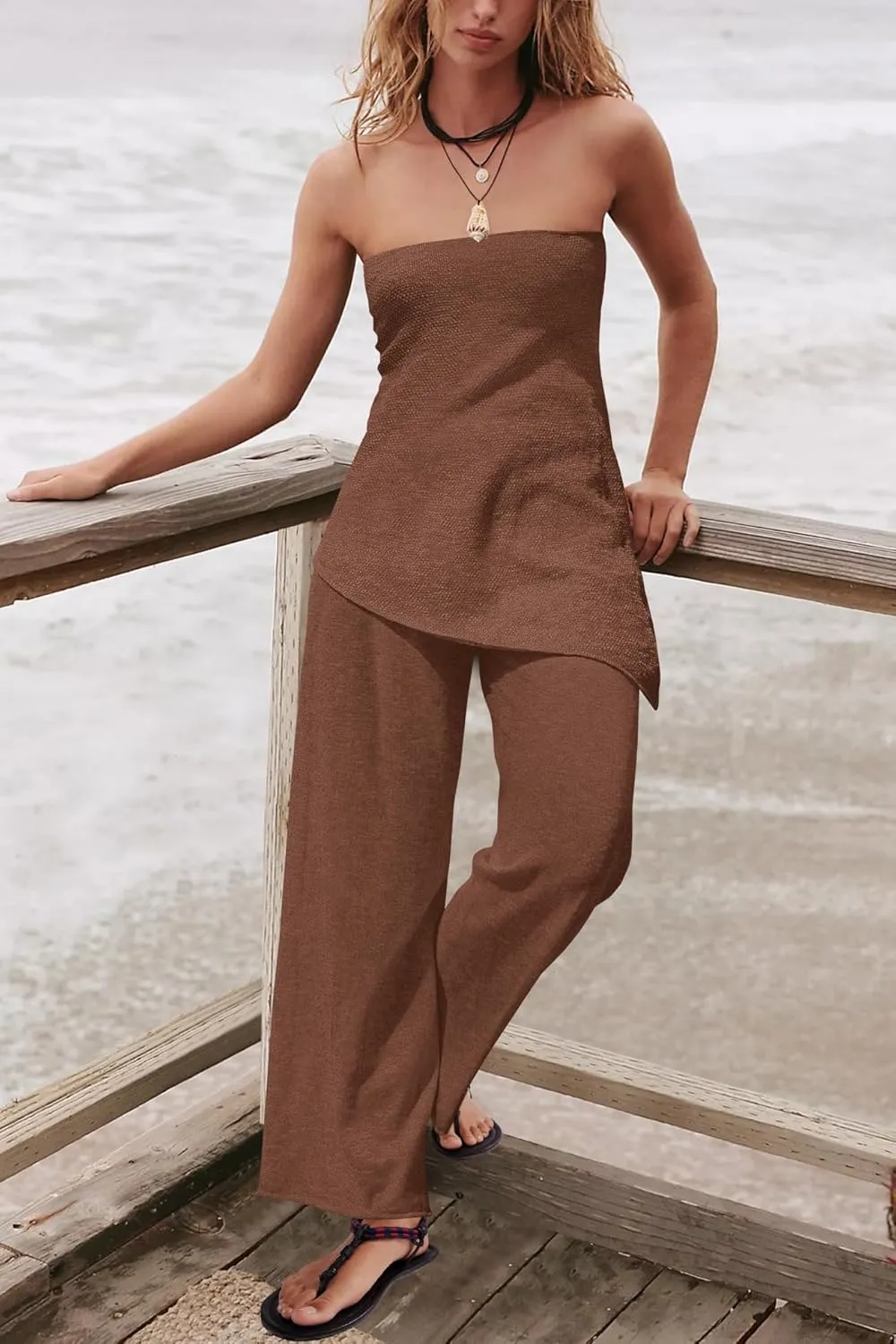 SENSERISE Womens 2 Piece Outfits Summer Knit Sweater Set Matching Lounge Set Off the Shoulder Tops and Pants