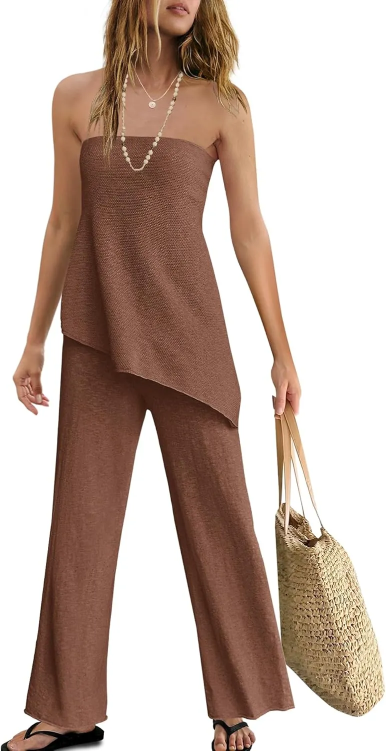 SENSERISE Womens 2 Piece Outfits Summer Knit Sweater Set Matching Lounge Set Off the Shoulder Tops and Pants