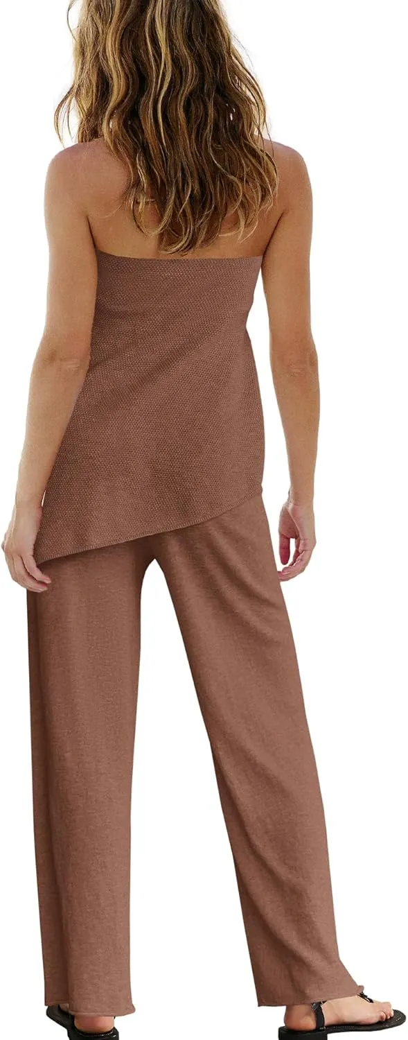 SENSERISE Womens 2 Piece Outfits Summer Knit Sweater Set Matching Lounge Set Off the Shoulder Tops and Pants